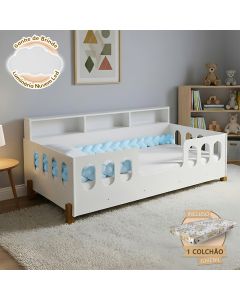 Cama Infantil em Mdf Nina com Colchão Incluso + Enxoval Completo Trança Azul Acompanha Nuvem Led