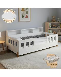 Cama Infantil em Mdf Nina com Colchão Incluso + Enxoval Completo Trança Cinza Acompanha Nuvem Led