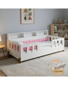 Cama Completa em Mdf Nina com Colchão + Enxoval Infantil Trança Rosa 2,5m
