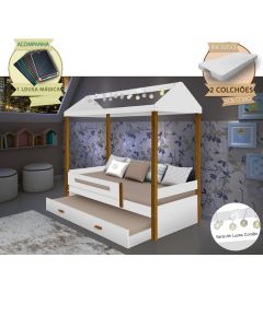 Beliche Montessoriana Infantil Sara Solteiro C/ Led e Colchões - Branco/amêndoa Incluso Lousa Mágica