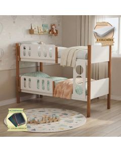 Beliche Infantil Solteiro Ônix com Cama Auxiliar e 3 Colchões + Lousa Mágica - Branco Mel