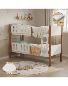 Beliche Infantil Solteiro Ônix com Cama Auxiliar e 3 Colchões + Luminária Nuvem - Branco Mel