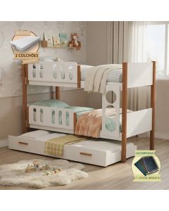 Beliche Solteiro Ônix com 2 Colchões Infantil + Lousa Mágica - Branco Mel