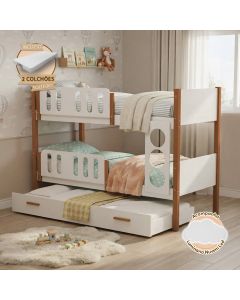 Beliche Solteiro Ônix Mdf com 2 Colchões + Luminária Nuvem - Branco Mel