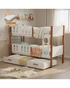 Beliche Solteiro Ônix Mdf com Cama Auxiliar e 3 Colchões Solteiro Infantil - Branco Mel