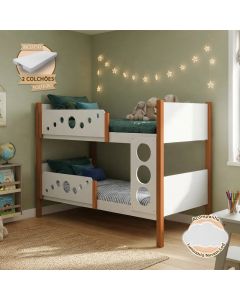 Beliche Infantil Solteiro Star Divaloto Móveis com 2 Colchões + Luminária Nuvem - Branco Mel