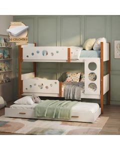Beliche Solteiro Star com Cama Auxiliar e 2 Colchões + Luminária Nuvem - Branco Mel