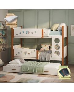 Beliche Infantil Solteiro Star com Cama Auxiliar e 3 Colchões + Lousa Mágica - Branco Mel