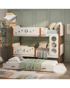 Beliche Infantil Solteiro Star com Cama Auxiliar e 3 Colchões + Luminária Núvem - Branco Mel