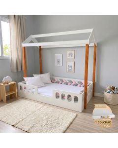 Cama Agatha Mdf com Colchão Enxoval Completo Trança 5,5m Design Infantil - Rosa Cinza e Listrado