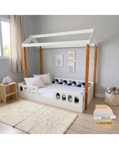 Cama Montessoriana Agatha Mdf com Colchão Enxoval Completo Trança 5,5m Infantil Luxo - Azul 3 Cores