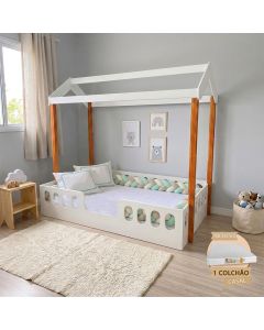 Cama Infantil Agatha Montessoriana Mdf com Colchão Enxoval Completo Trança 5,5m - Verde 3 Cores