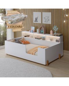 Cama Premium Criança Infantil Montessoriana Juvenil Doçura Com Nicho Branca + Colchão