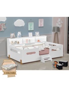 Cama Juvenil Mary com Escada Led e Nicho + Colchão Branco/mel