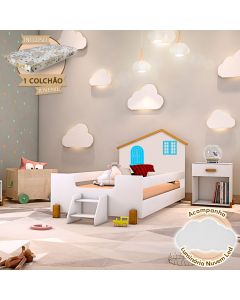 Cama Montessoriana Infantil Juvenil Belissima Azul - Branco e Amêndoa + Luminária Led + Colchão