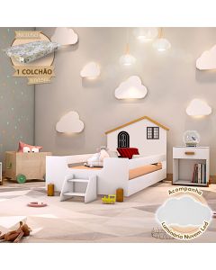 Cama Montessoriana Infantil Juvenil Belissima Preta Branca e Amêndoa + Luminária Led + Colchão