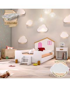 Cama Infantil Juvenil Belissima Rosa Branca e Amêndoa + Luminária Led + Colchão