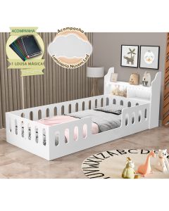 Cama de Criança Helo Solteiro Kit 20 Nicho Led e Lousa Mágica Branca Acompanha Luminária Nuvem