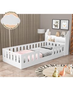 Cama Infantil Montessoriana Helo Solteiro Kit  Nicho e Led Branca Acompanha Luminária Nuvem