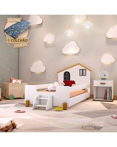 Cama Montessoriana Infantil Solteiro Belissima Preta - Branca e Mel + Colchão