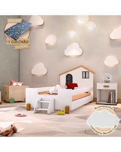 Cama Montessoriana Infantil Solteiro Belissima Preta - Branca e Amêndoa + Luminária Led + Colchão