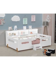 Cama Infantil Montessoriana Mary com Escada Led e Nicho Branco/mel