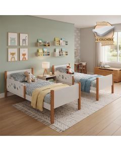 Kit 2 Camas Solteiro Star Mdf com 2 Colchões Infantil Divaloto Móveis - Branco Mel