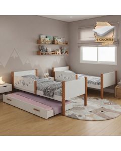Kit 2 Camas Solteiro Star com 1 Cama Auxiliar e 3 Colchões Divaloto Móveis - Branco Mel
